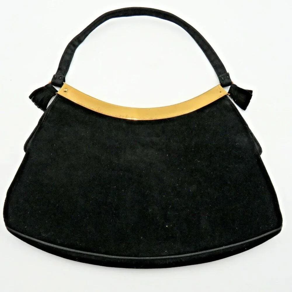 Lennox Bags Purse Black Faux Suede Gold Tone Trim Hand Strap‎ Vintage Snap Close
